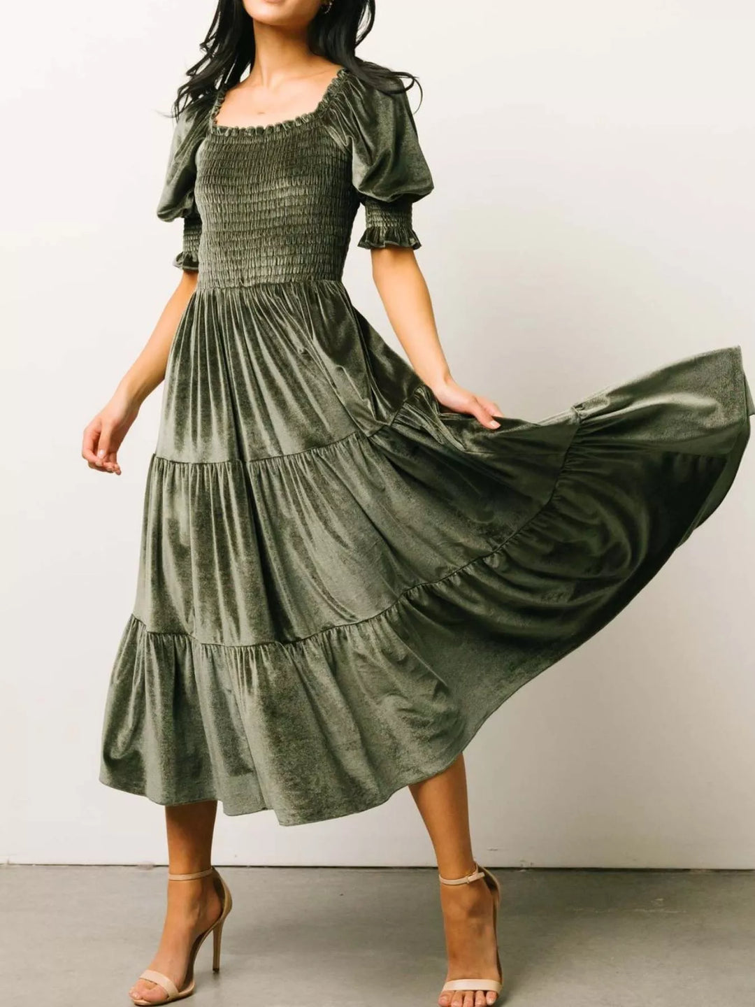 Velvet Smocked Tiered Midi Dress