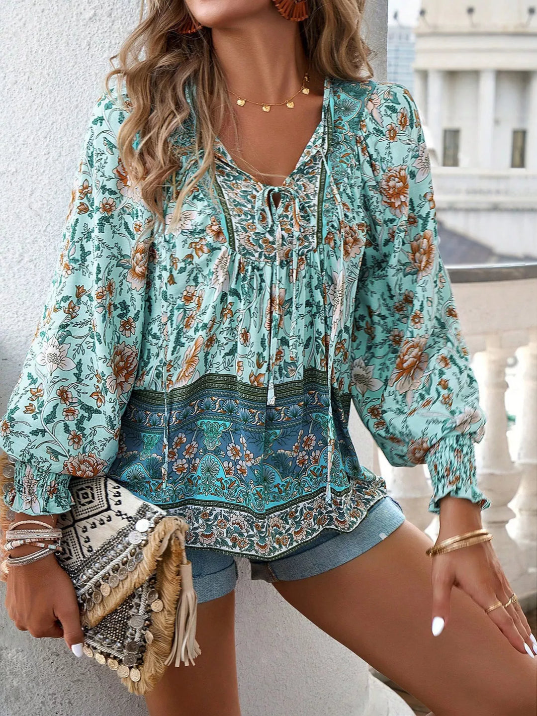 Floral Print Tie Neck Bohemian Blouse