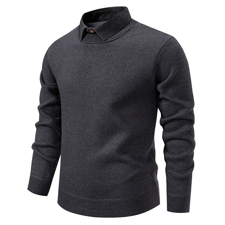 Mens Faux Two-piece Base-layer Knit Casual Shirt-collar Sweater