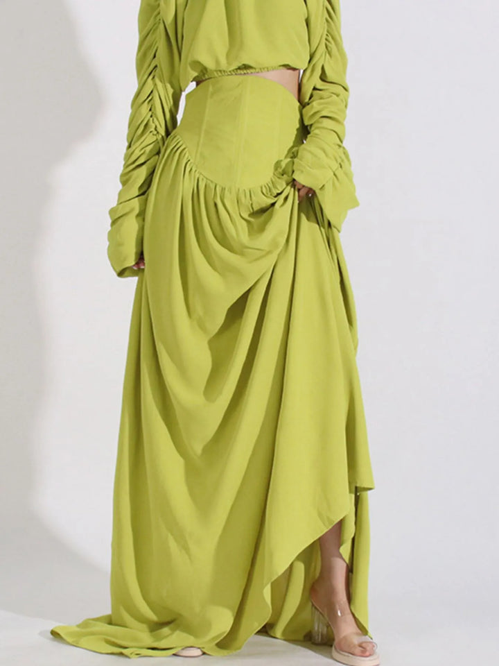 Ruched Long Sleeve Top and High Waist Skirt Set