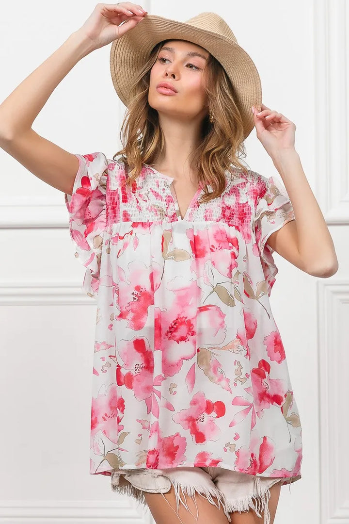 BiBi Floral Print Flutter Sheer Top