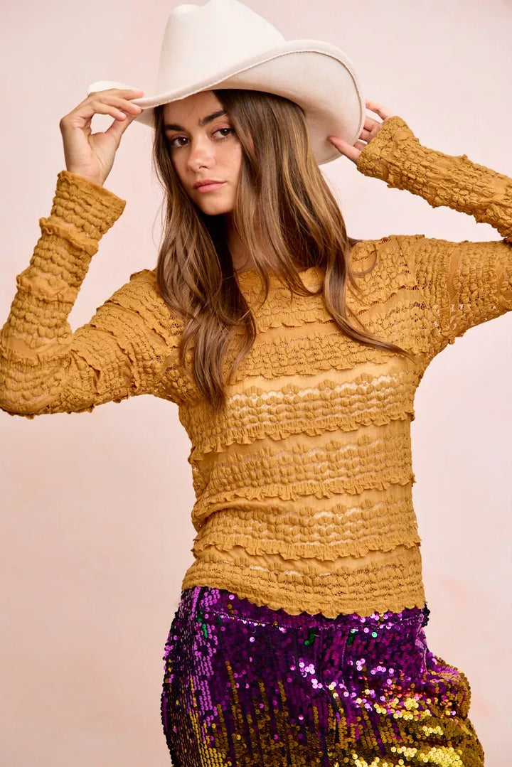BiBi Ruffles Detail Mardi Gras Color Flower Lace Top
