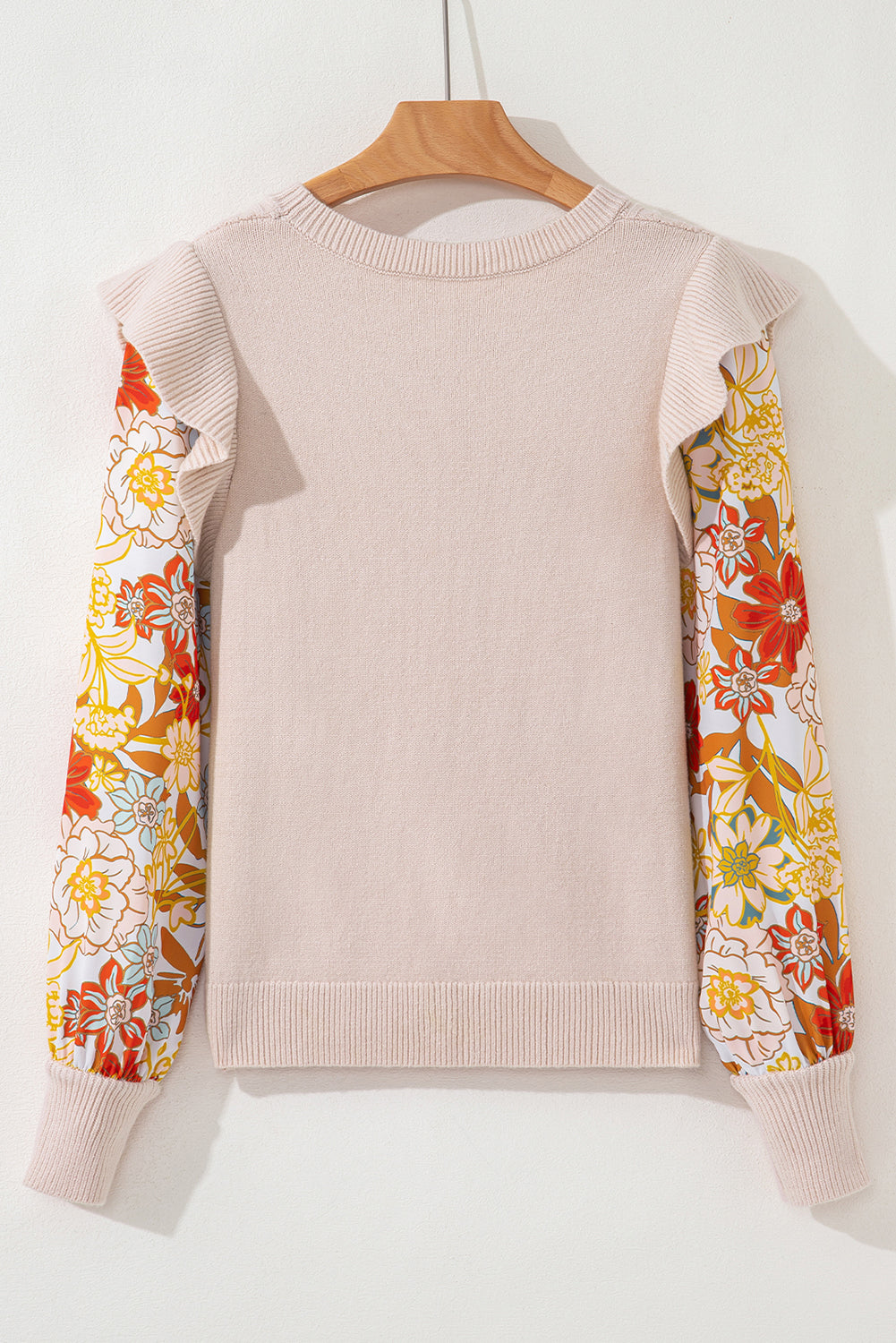 Parchment Cable Knit Ruffle Detail Contrast Floral Sleeve Patchwork Sweater