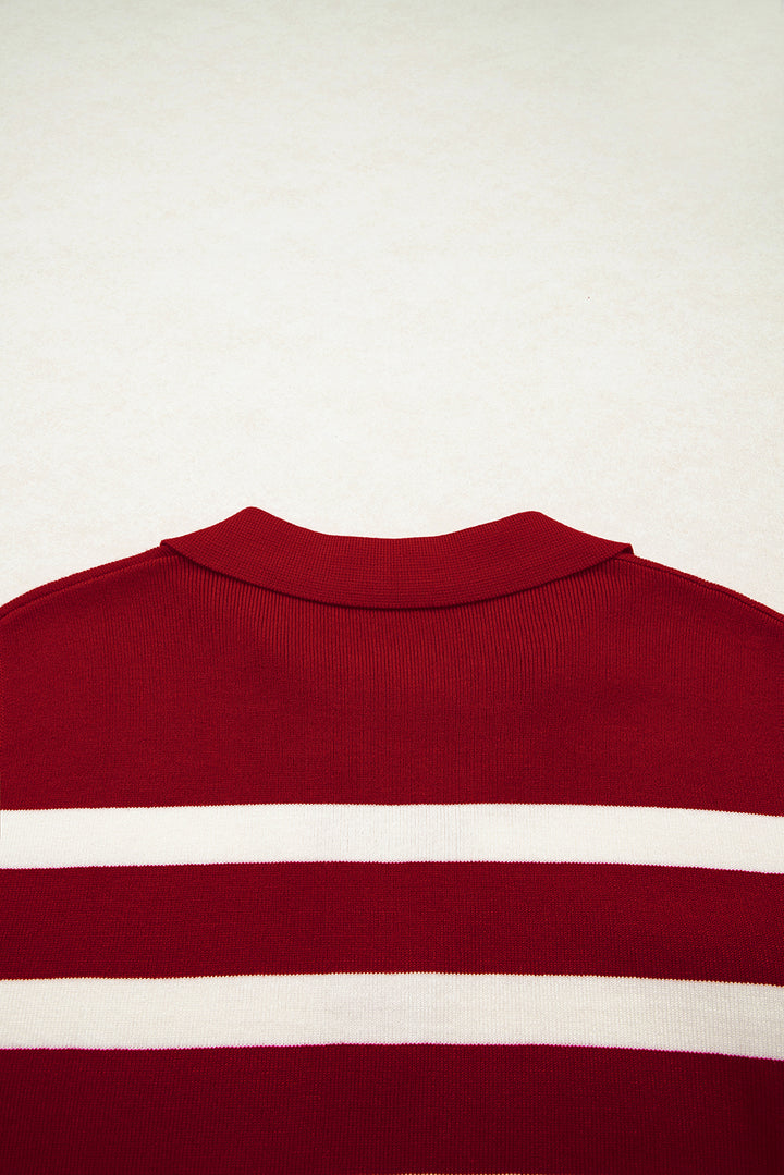 Red Stripe Collared Split Neck Sweater Vest