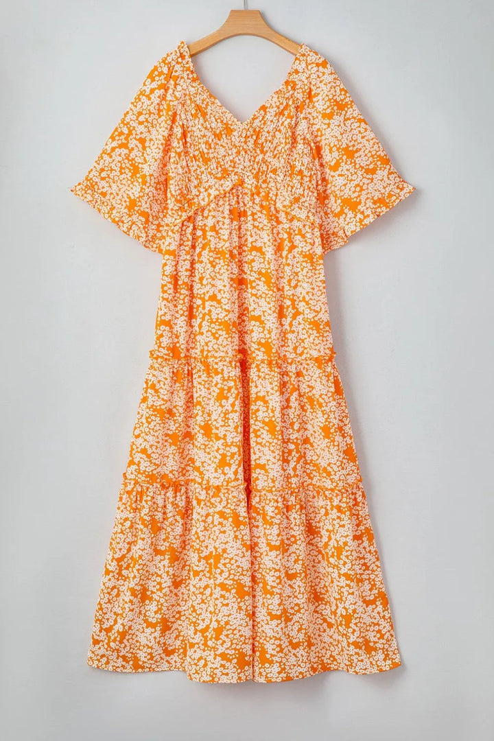 Floral Print Smocked V Neck Wide Sleeve Maxi Dress