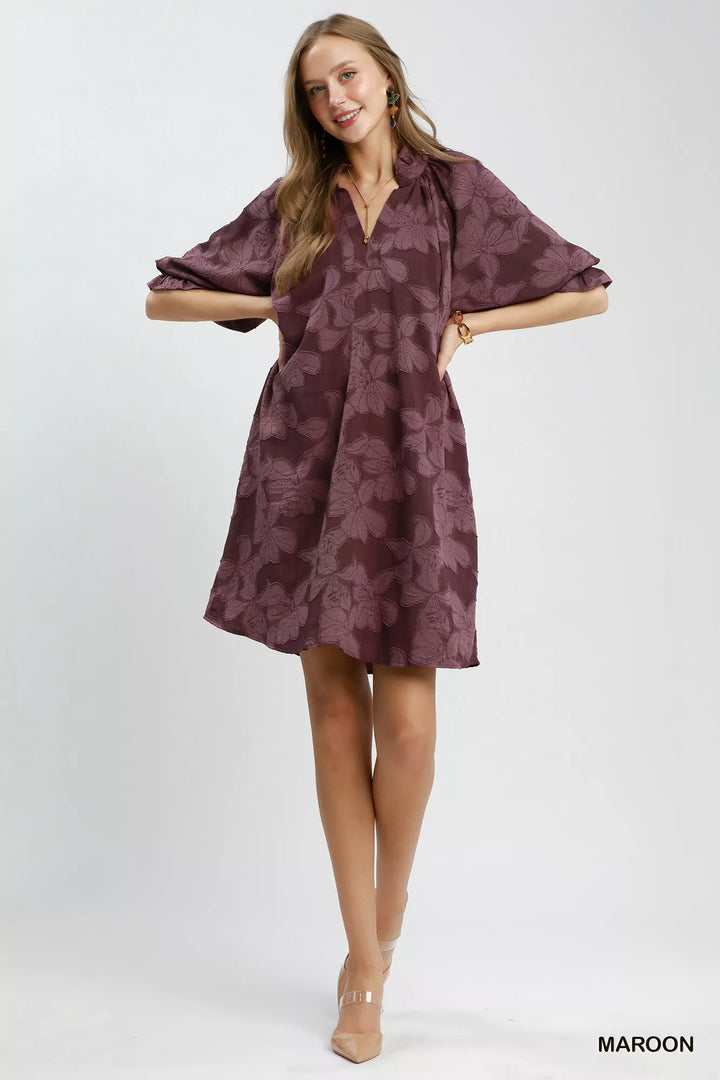 Umgee Floral Textured Jacqaurd V-Neck Dress