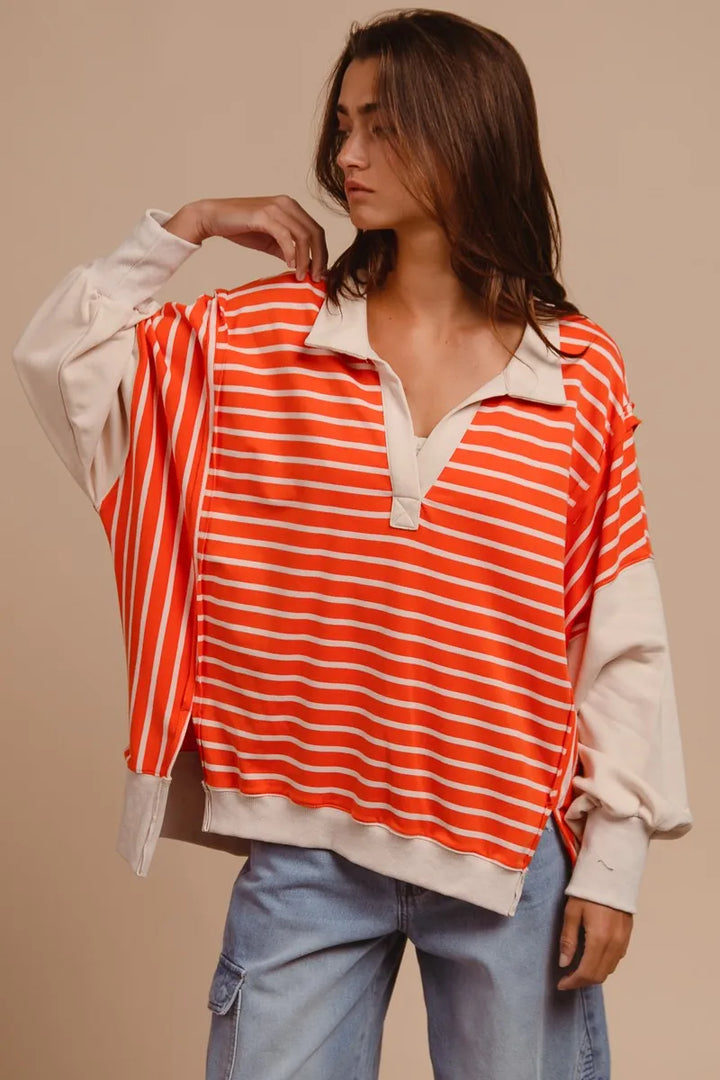 BiBi Stripe Knit Loose Fit Top With Cut Edge Detail