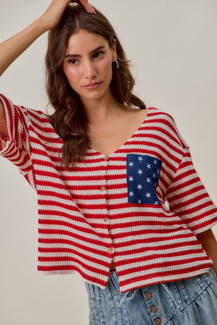 SO ME Stripe Waffle Knit Fourth Of July Cardigan Top