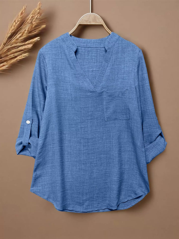 Casual Notched Roll-Up Sleeve Blouse