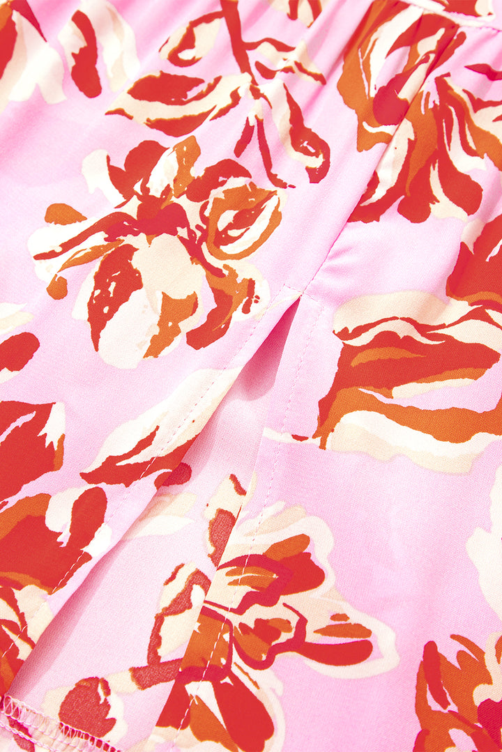 Pink Bohemian Floral Print Tiered Maxi Skirt with Split