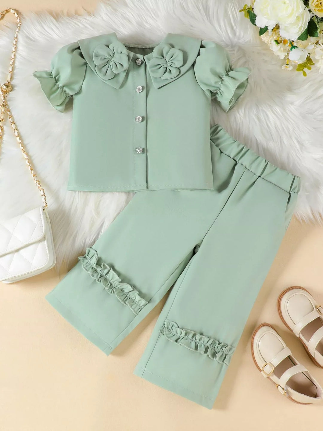 Children's Floral Decor Ruffle Trim Top & Pants Set