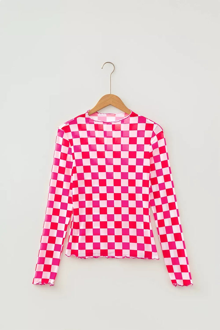 Plaid Heart Mesh Sheer Long Sleeve High Neck Top