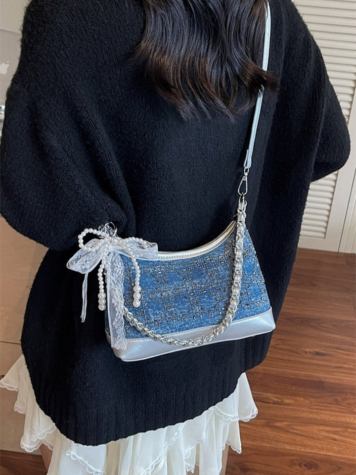 Tweed Pearl Decor Crossbody Bag