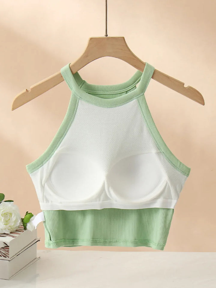 Ribbed Grecian Neck Cropped Tank with Chest Pads