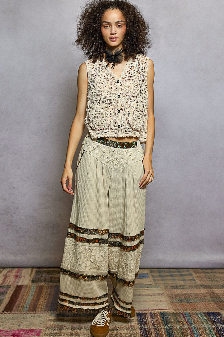 POL Button Down Cropped Crochet Vest with Scalloped Edge