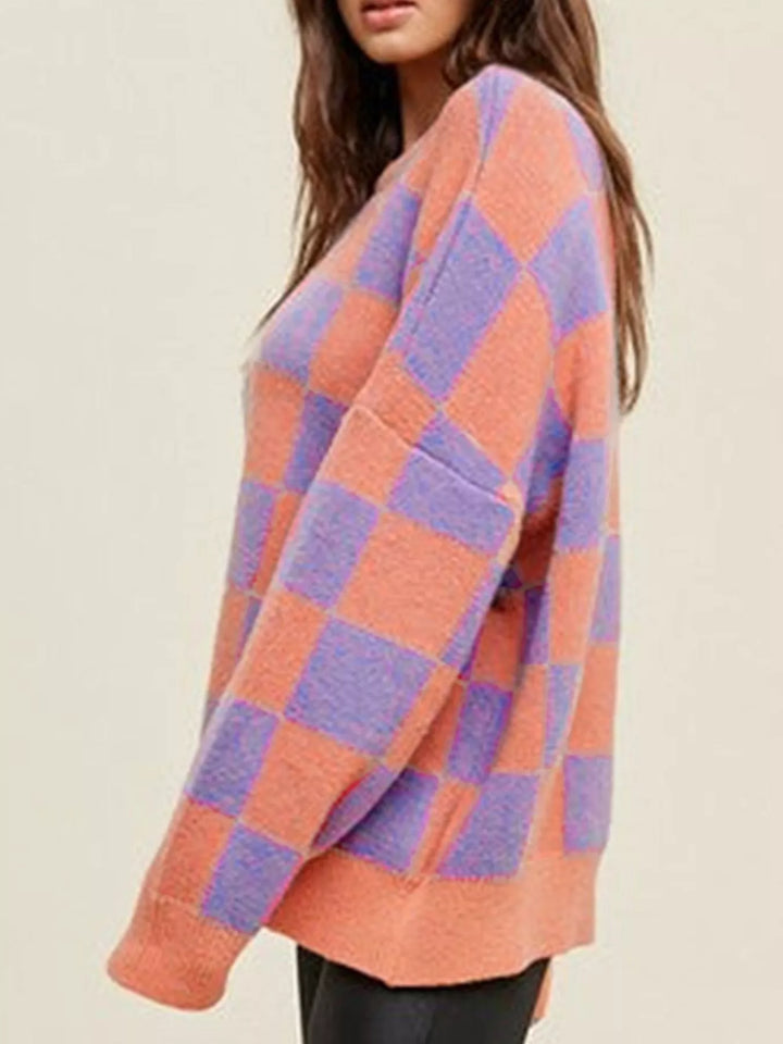 Checkerboard Chic Round Neck Sweater
