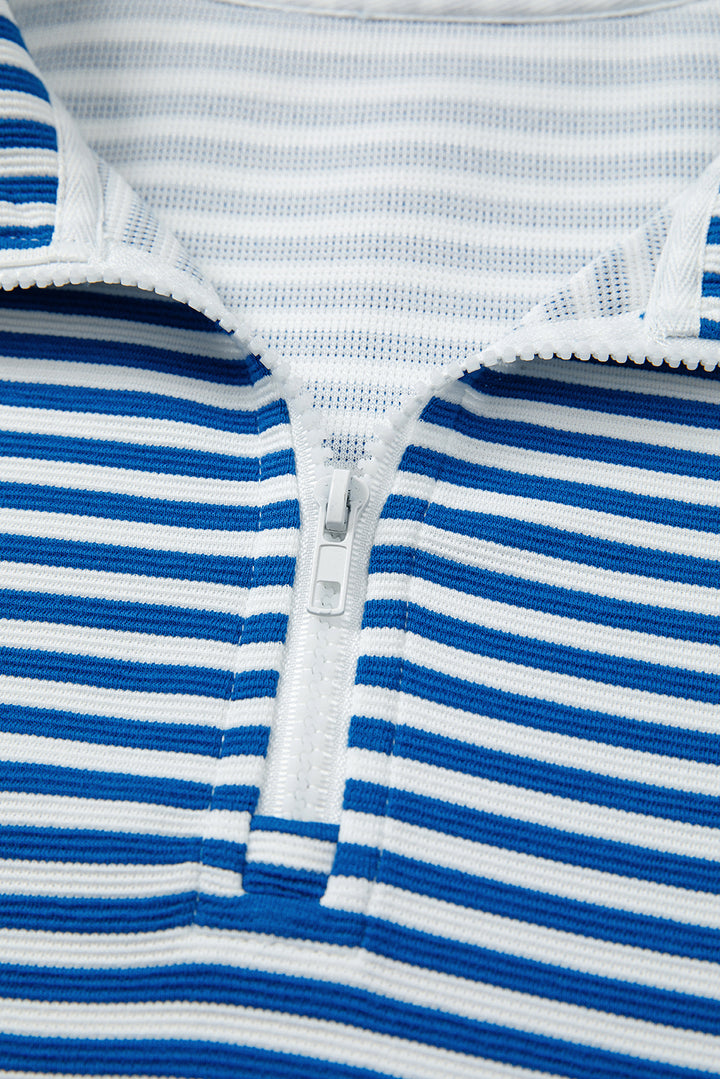 Blue Stripe Quarter Zip Collar Pullover Long Sleeve Top