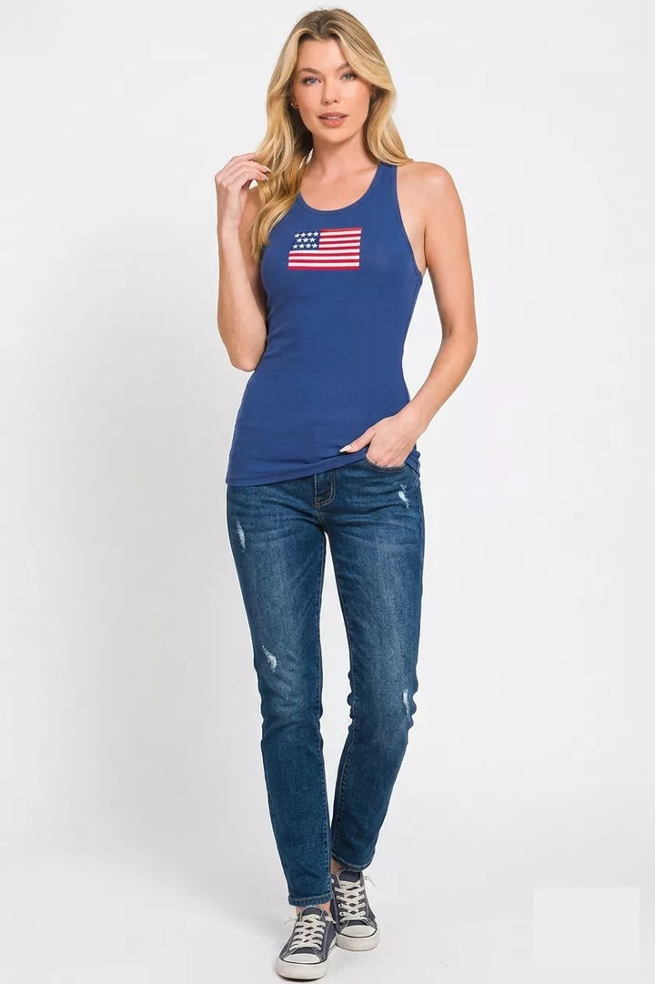 Zenana American Flag Embroidery Stretchy Ribbed Tank