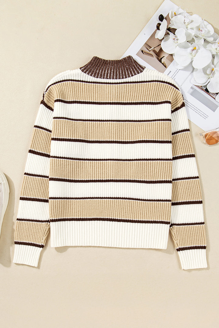 Khaki Stripe Half Zip Drop Shoulder Womens Sweater