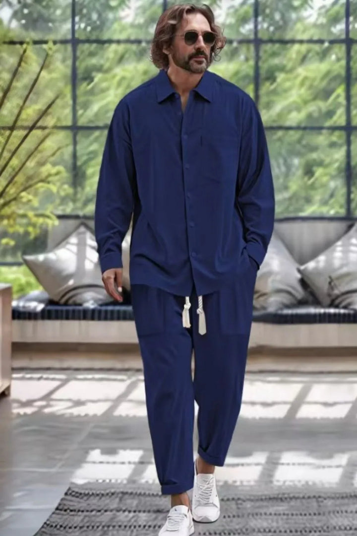 Men's Collared Neck Long Sleeve Top and Pants Set Plus Size