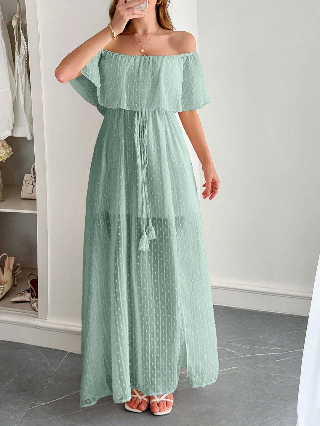 Swiss Dot Off Shoulder Maxi Dress