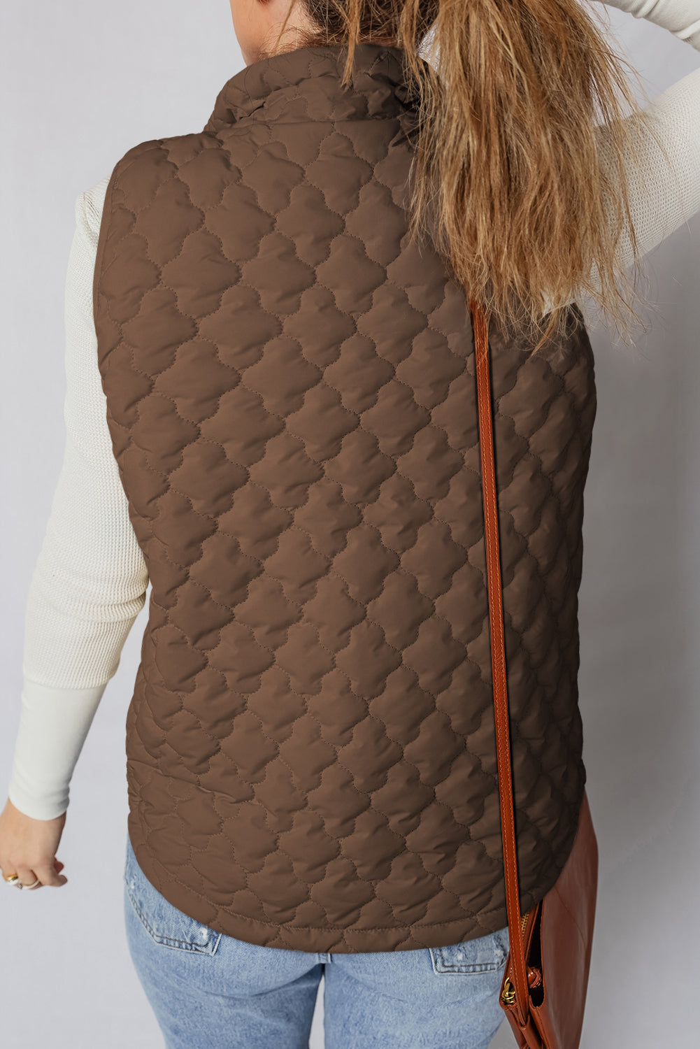 Dark Brown Flower Shape Quilted Snap Button Zip Up Winter Vest