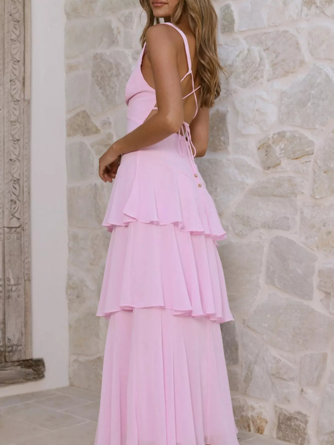 Sleeveless Ruffled Layered Backless Maxi Dress