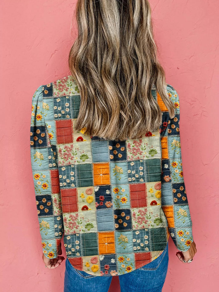 Floral Half Placket Notched Blouse