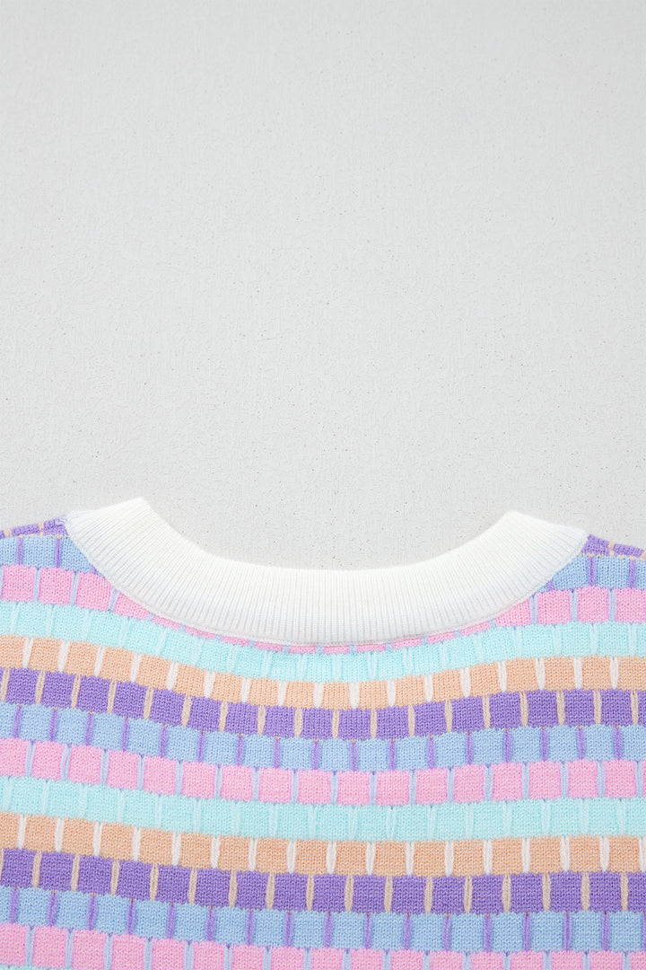 Purple Abstract Striped Knit Short Sleeve Sweater