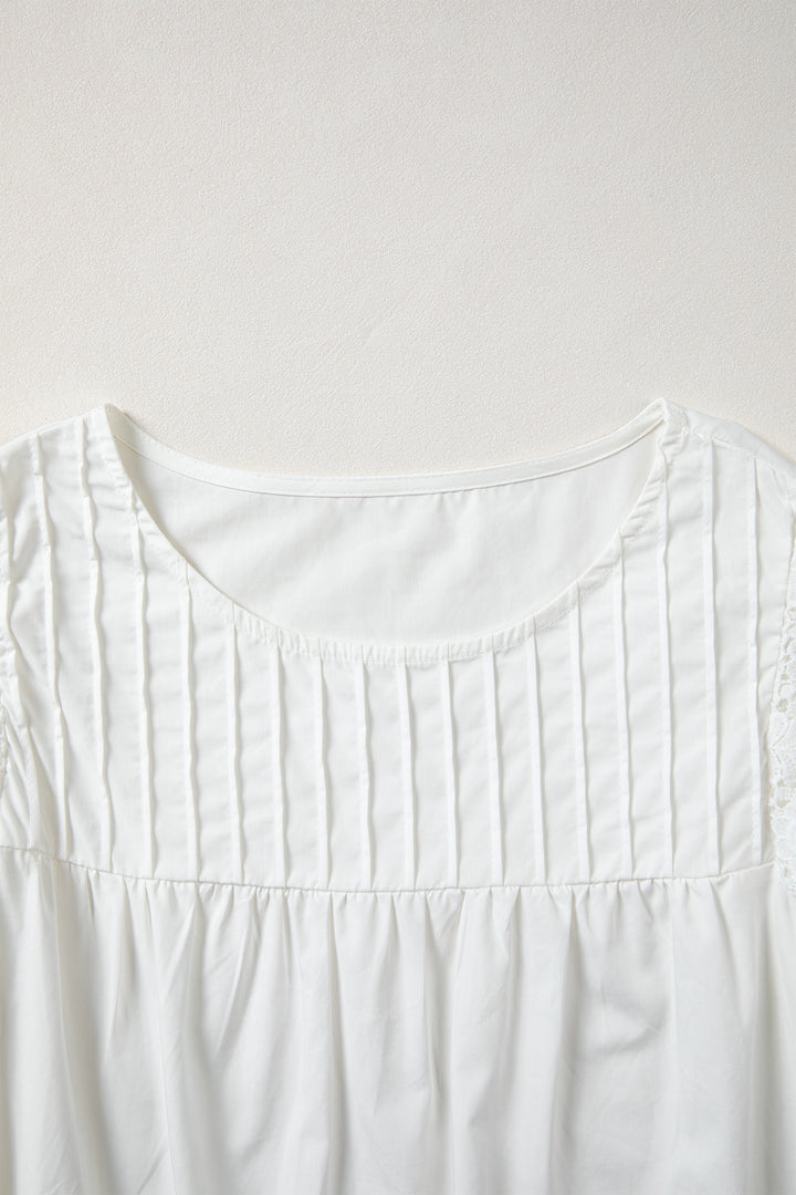 White Lace Detail Flutter Sleeve Pleated Round Neck Blouse