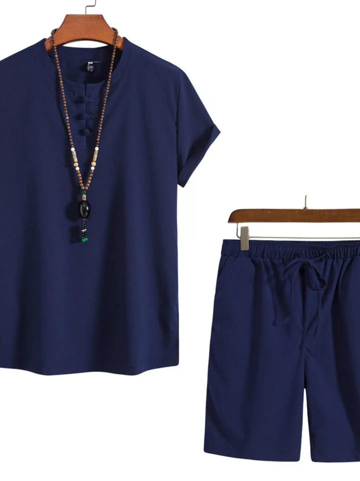 Men's Plus Size Mandarin Collar Short Sleeve Shirt and Shorts Set
