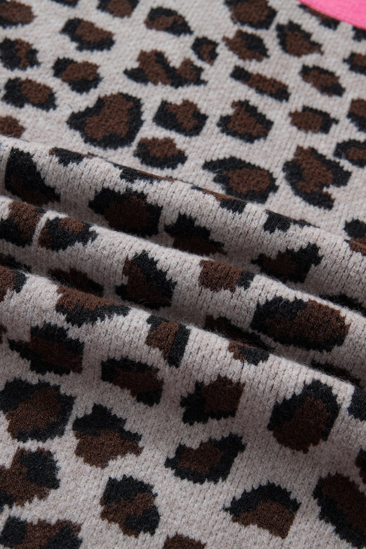 Khaki Oversize Color Block Trim Button Down Leopard Print Cardigan