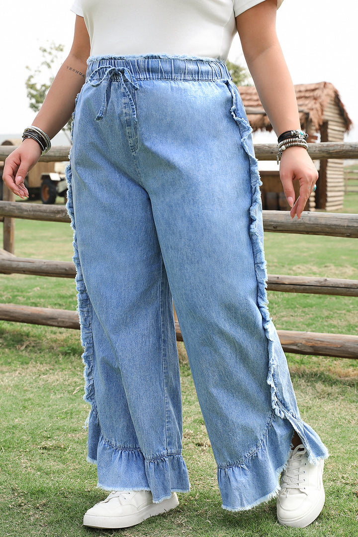 Blue Plus Size Lace up Waist Ruffled Trim Ankle Length Jeans