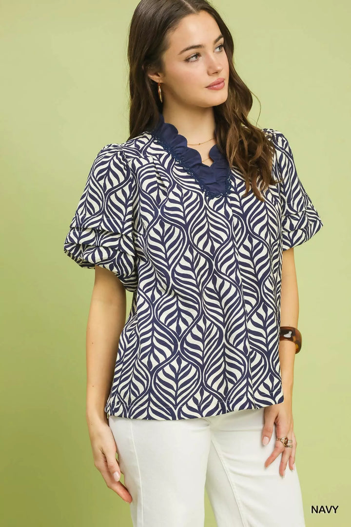 Umgee Printed Puff Sleeve Ruffle Neck Top