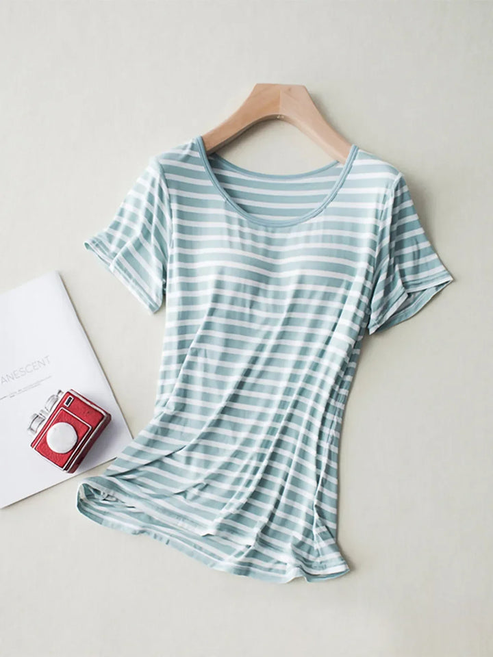 Striped Round Neck Short Sleeve T-Shirt with Bra
