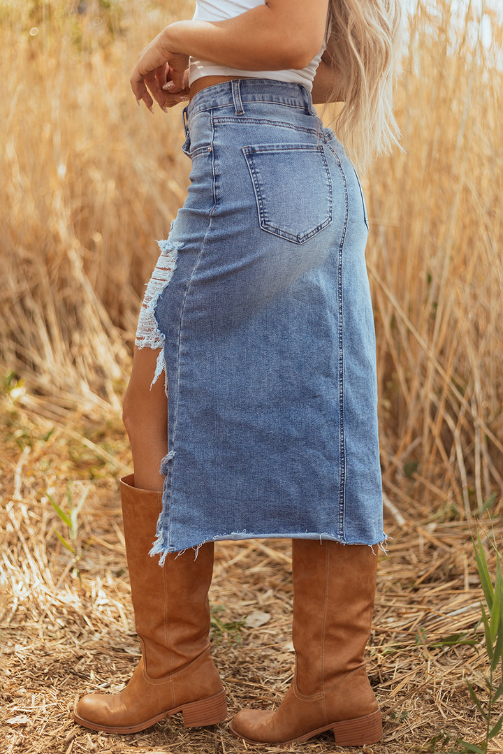 Myosotis Irregular Distressed Bottom Denim Midi Skirt