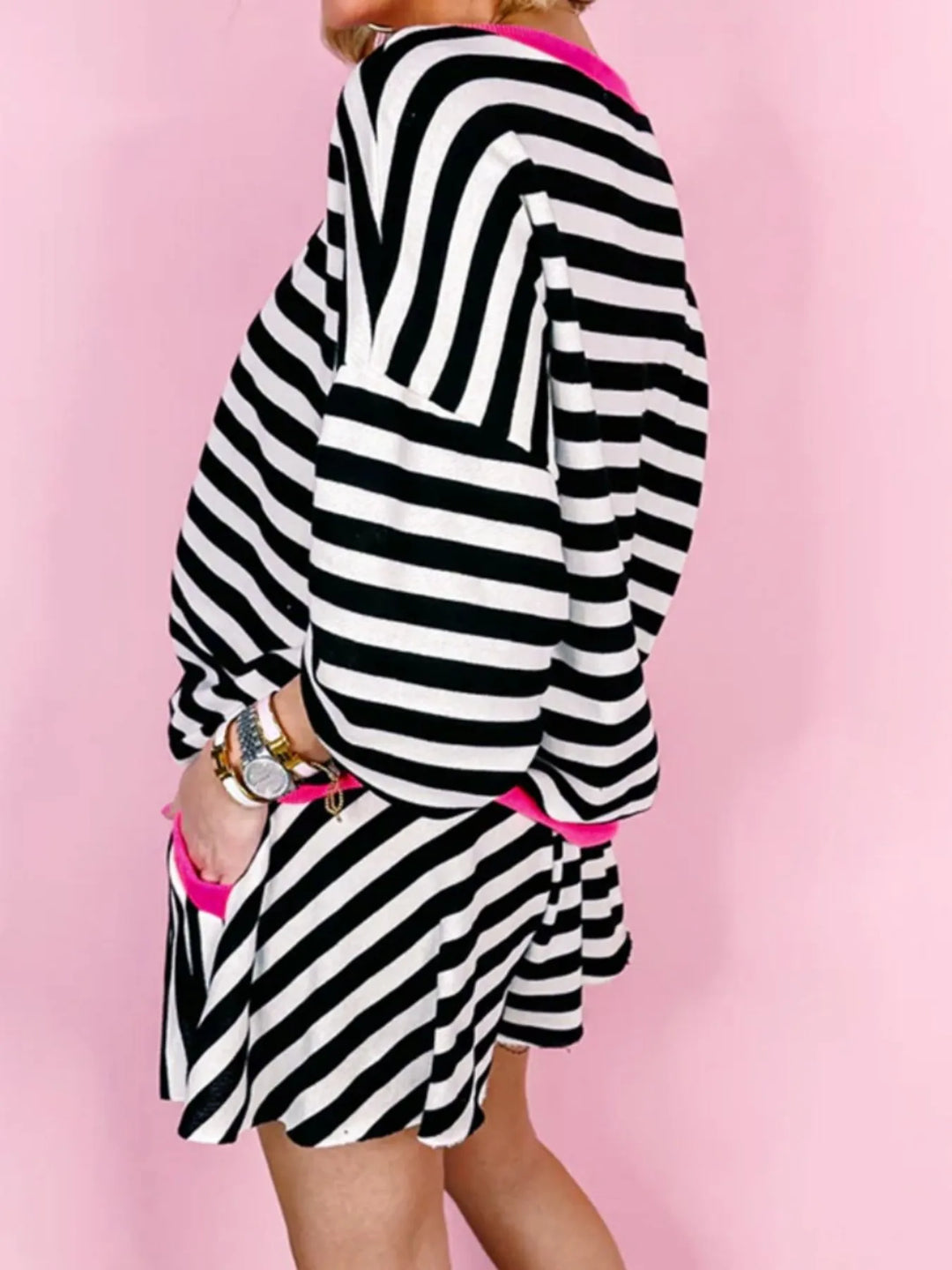 Stripe Contrast Ribbed Banding Long Sleeve Blouse and Loose Shorts Set