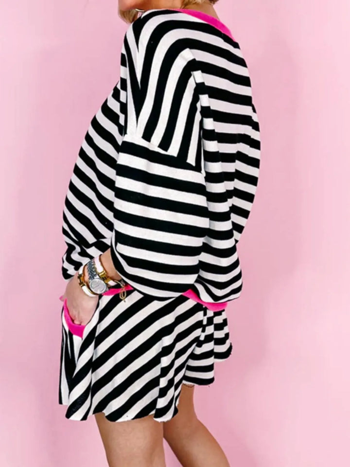 Stripe Contrast Ribbed Banding Long Sleeve Blouse and Loose Shorts Set