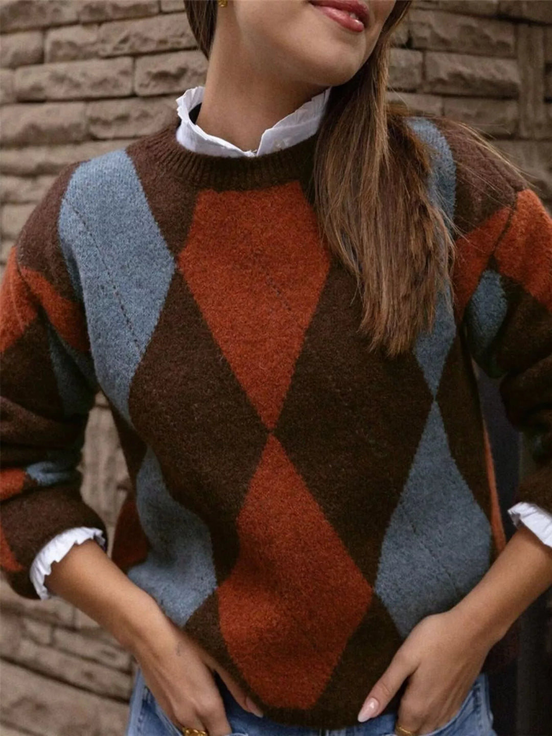 Vintage Argyle Round Neck Sweater