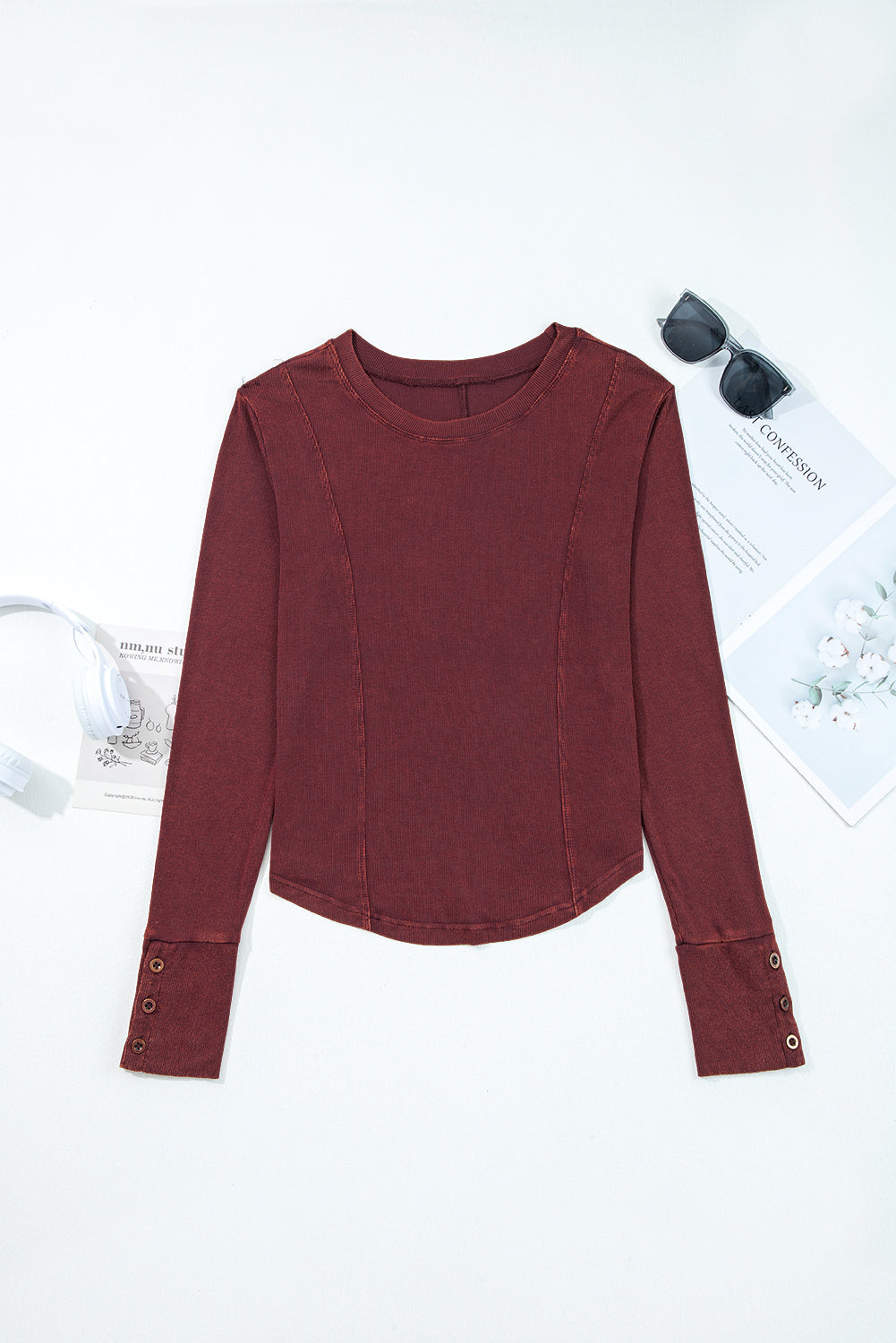 Burgundy Exposed Seam Ribbed Long Sleeve Top