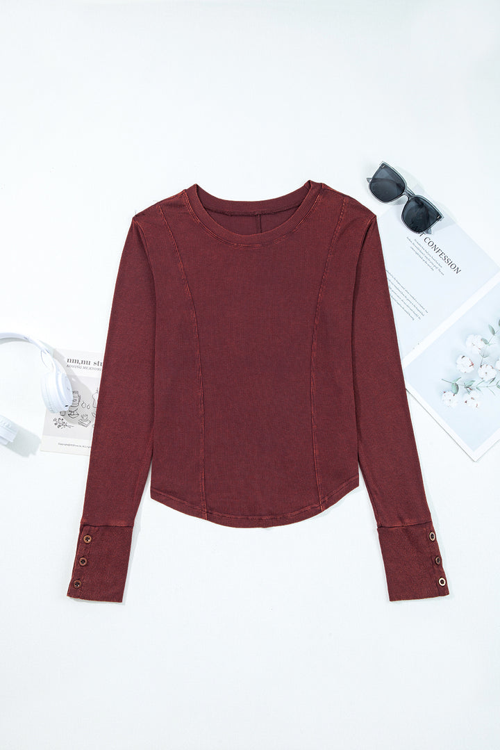 Burgundy Exposed Seam Ribbed Long Sleeve Top