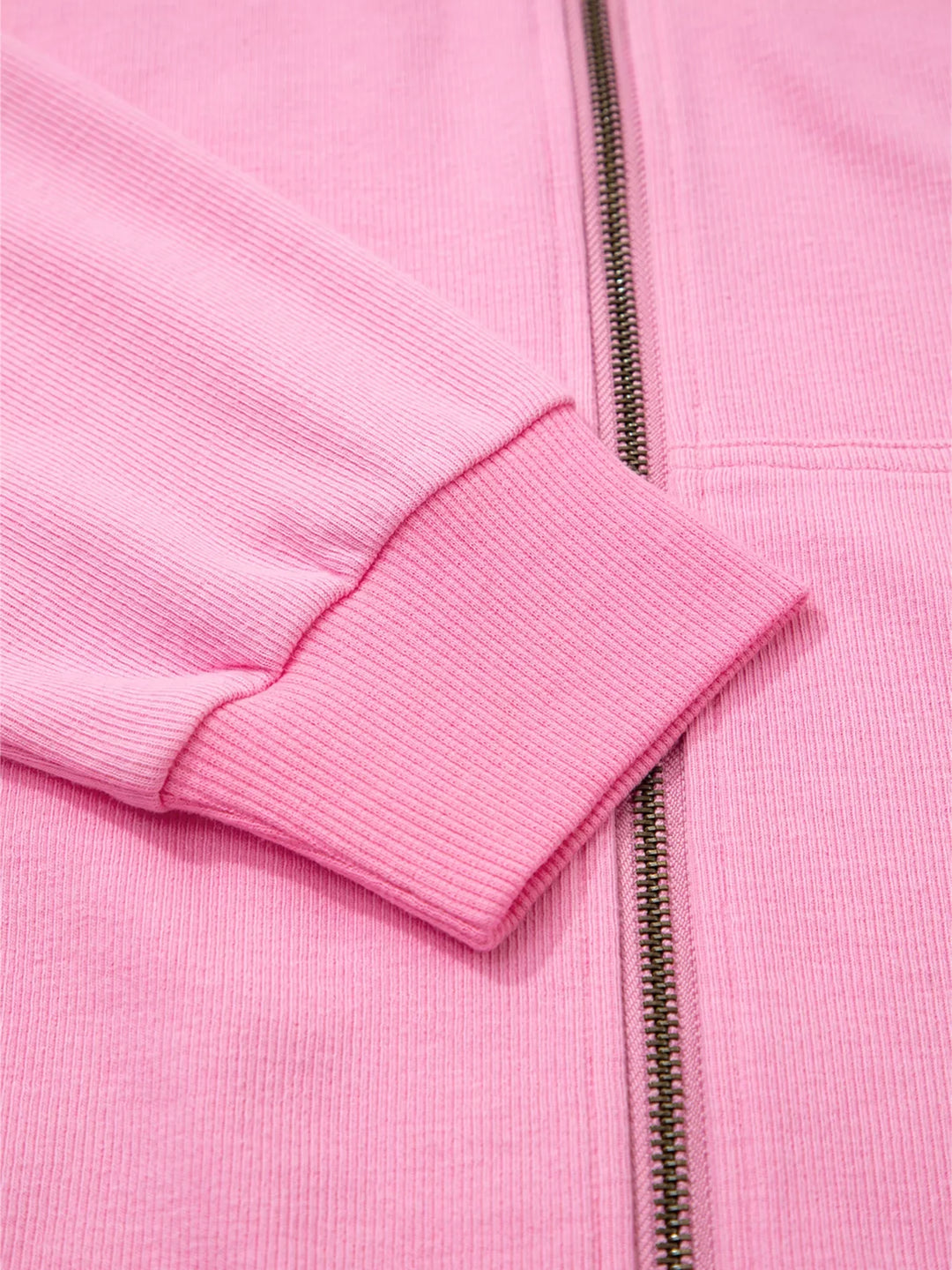 Solid Color Ribbed Zip Up Drawstring Hooded Jacket
