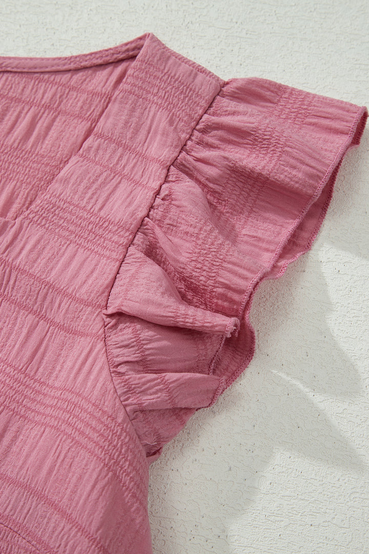 Peach Blossom Textured Square Neck Top and Shirred High Waist Shorts Set