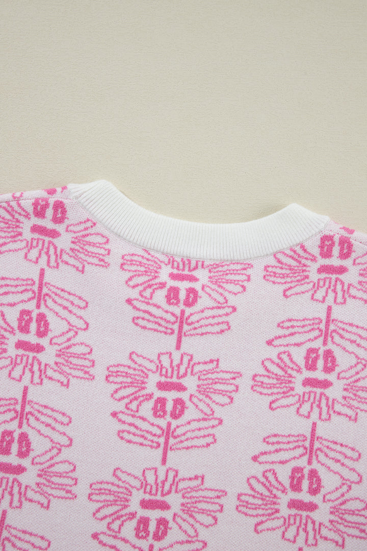 White Floral Printed Ruffled Short Sleeve Sweater