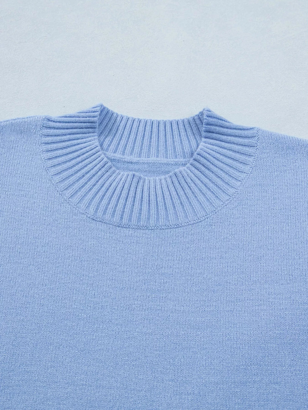 Solid Color Ribbed Trim Round Neck Ruffle Short Sleeve Sweater