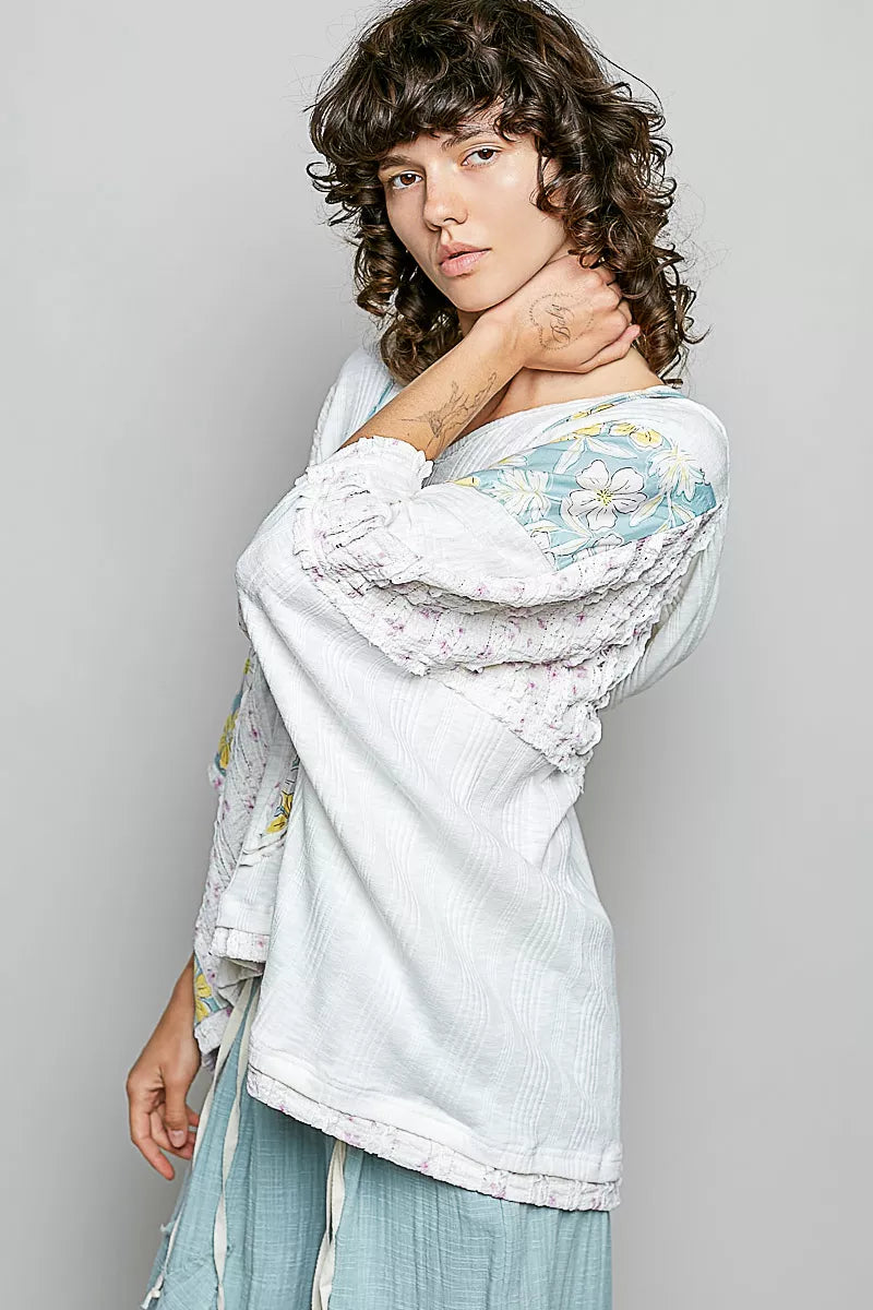 POL Floral Star Patch Hooded Blouse with Lace Contrast Detail