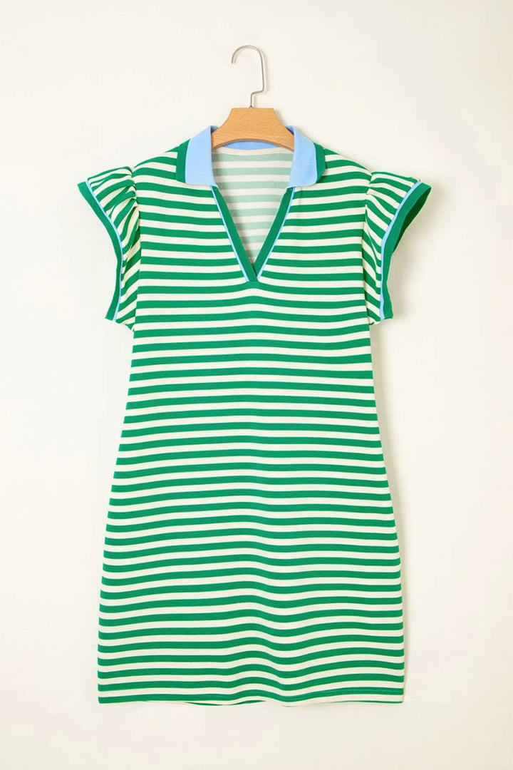 Stripe Print Contrast Collar Split Neck Flutter Sleeve Dress