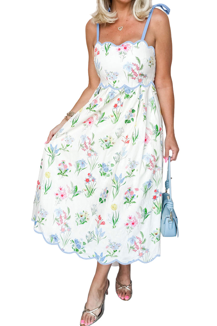 Beige Floral Print Contrast Trim Self-tie Straps High Waist Midi Dress