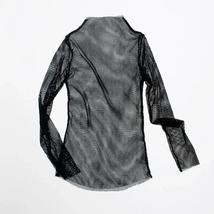 Fishnet Mesh See-through Black Shirt - Sexy Long Sleeve Tee