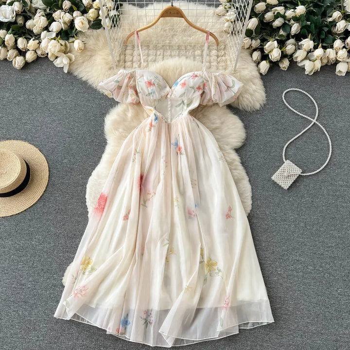 Off-Shoulder Floral Maxi Dress – Women's Summer Corset Sundress with Puff Sleeves